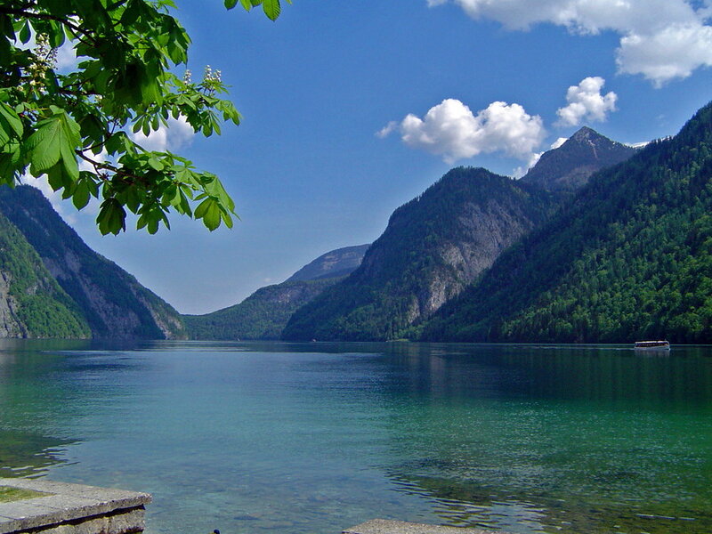 Mountain Lake Landscape — Blue, Serene, Summer, Photograph, Trees