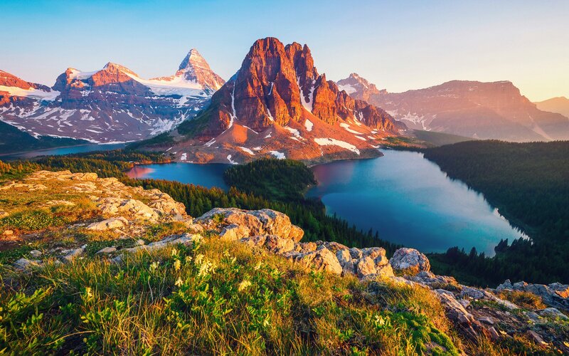 Mountain Lake Landscape — Blue, Serene, Sunrise, Photograph, Mountains, Forest