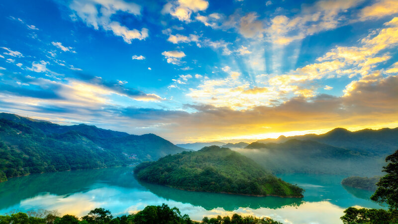 Mountain Lake Landscape — Blue, Serene, Sunrise, Photograph, Mountains