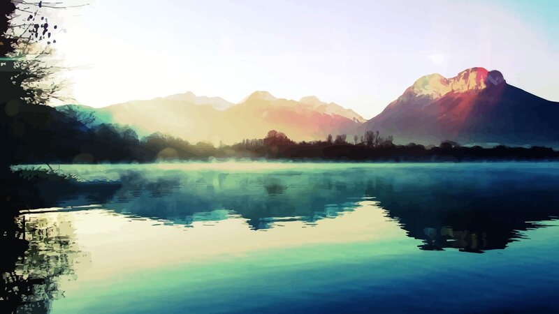 Mountain Lake Landscape — Blue, Serene, Sunset, Digital Art, Mountains
