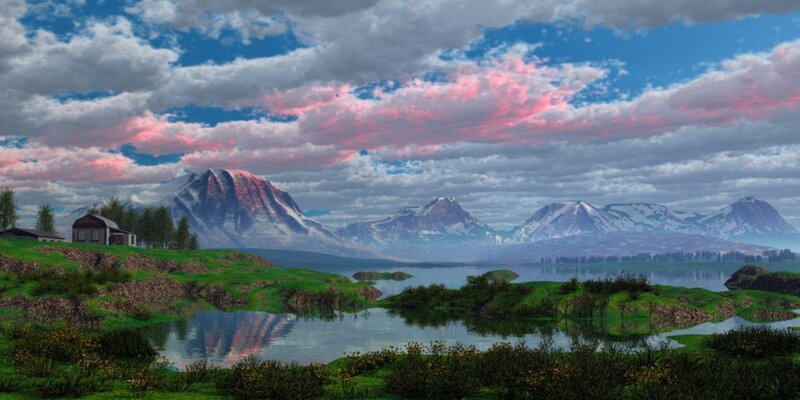 Mountain Lake Landscape — Blue, Serene, Sunset, Digital Art