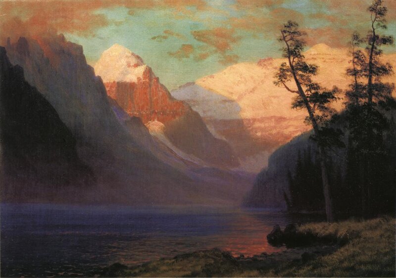 Mountain Lake Landscape — Blue, Serene, Sunset, Painting, Mountains, Trees, Orange