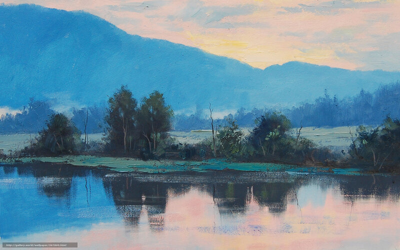 Mountain Lake Landscape — Blue, Serene, Sunset, Painting, Mountains, Trees, Reflection