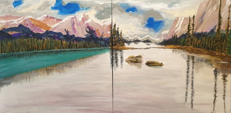 Mountain Lake Landscape — Blue, Serene, Sunset, Painting, Mountains, Trees, Rocks
