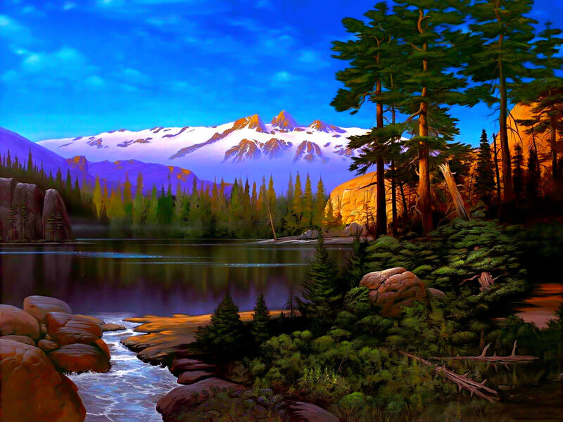 Mountain Lake Landscape — Blue, Serene, Sunset, Painting, Trees