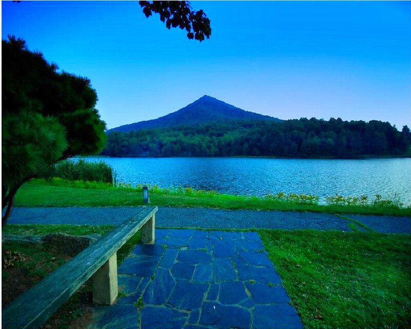 Mountain Lake Landscape — Blue, Serene, Sunset, Photograph, Bench