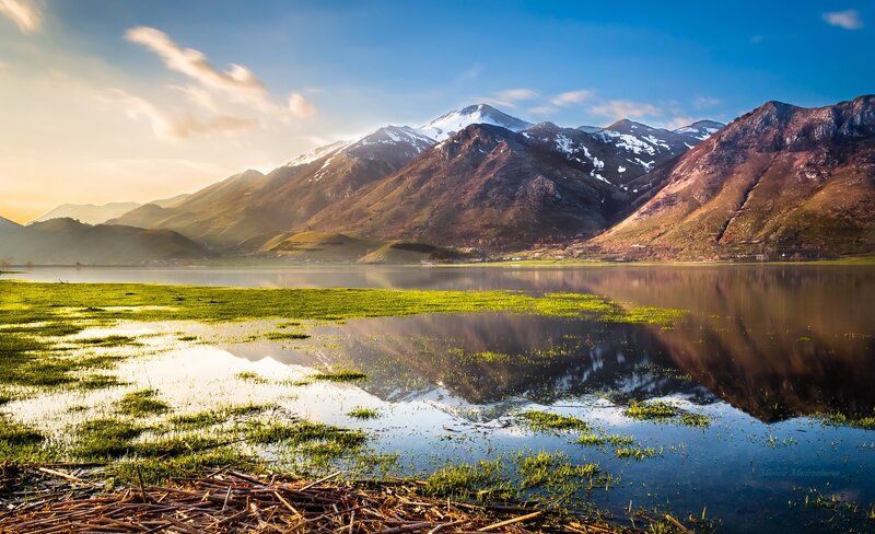 Mountain Lake Landscape — Blue, Serene, Sunset, Photograph, Mountains, Grass, Snow