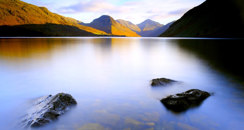 Mountain Lake Landscape — Blue, Serene, Sunset, Photograph, Mountains, Rocks