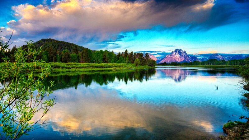 Mountain Lake Landscape — Blue, Serene, Sunset, Photograph, Mountains, Trees, Clouds, Green, White