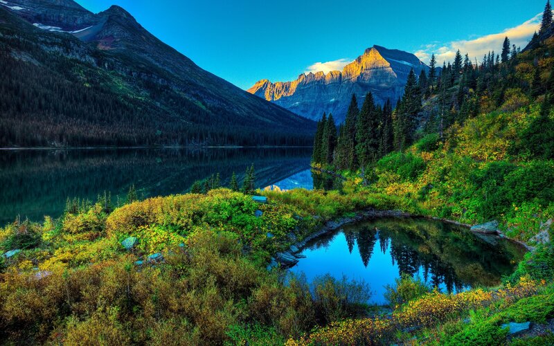 Mountain Lake Landscape — Blue, Serene, Sunset, Photograph, Mountains, Trees, Forest, Reflection, Green