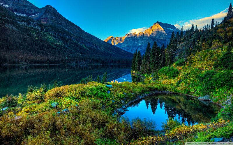 Mountain Lake Landscape — Blue, Serene, Sunset, Photograph, Mountains, Trees, Reflection