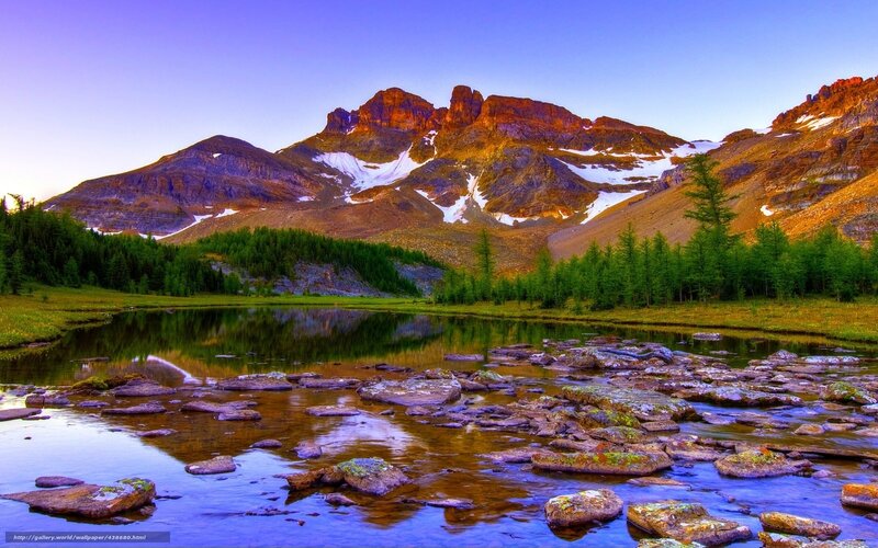 Mountain Lake Landscape — Blue, Serene, Sunset, Photograph, Mountains, Trees, Rocks