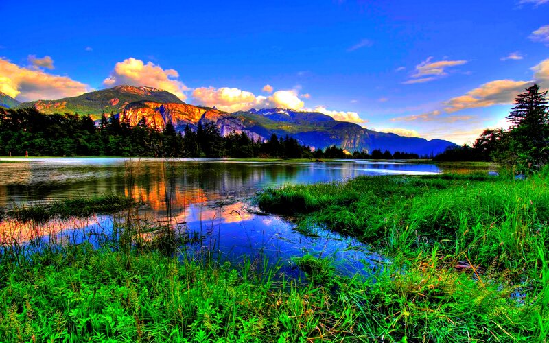 Mountain Lake Landscape — Blue, Serene, Sunset, Photograph, Mountains, Trees, Sky