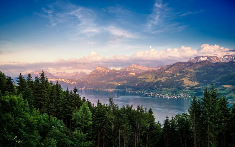 Mountain Lake Landscape — Blue, Serene, Sunset, Photograph, Trees, Mountains, Moon