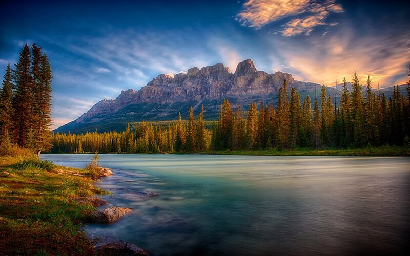 Mountain Lake Landscape — Blue, Serene, Sunset, Photograph, Trees, Mountains, Sky