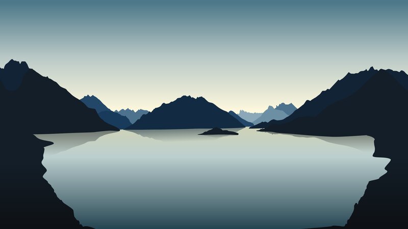Mountain Lake Landscape — Blue, Serene, Sunset, Vector Art
