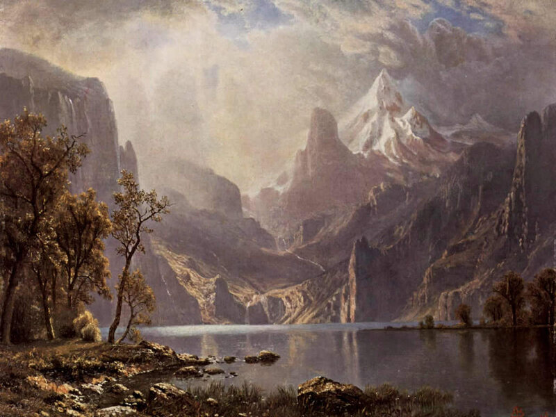Mountain Lake Landscape — Brown, Dramatic, Painting, Trees