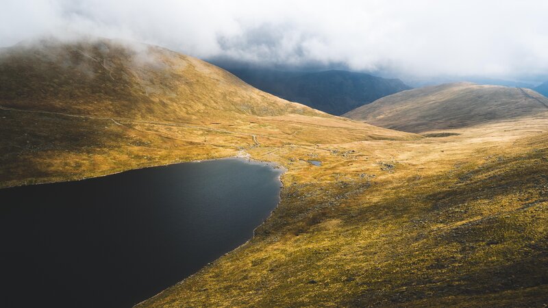 Mountain Lake Landscape — Brown, Dramatic, Photograph, Hills