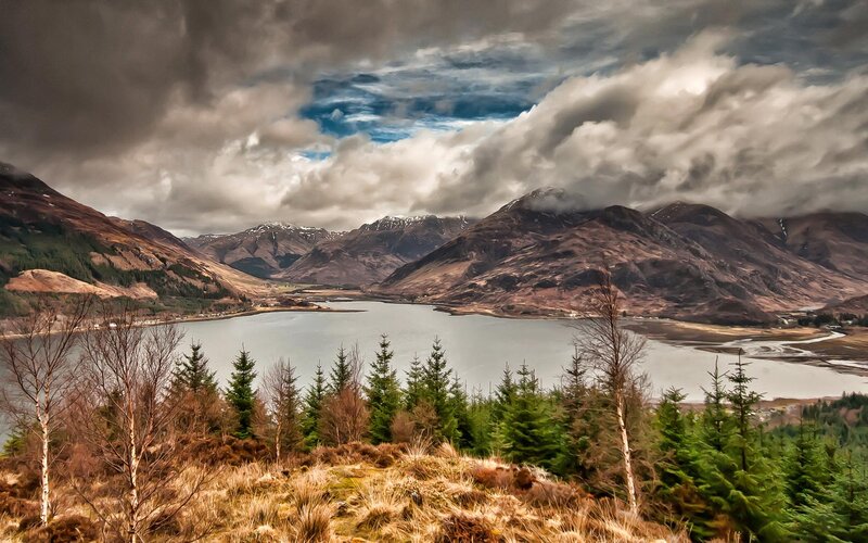Mountain Lake Landscape — Brown, Dramatic, Photograph, Mountains, Trees