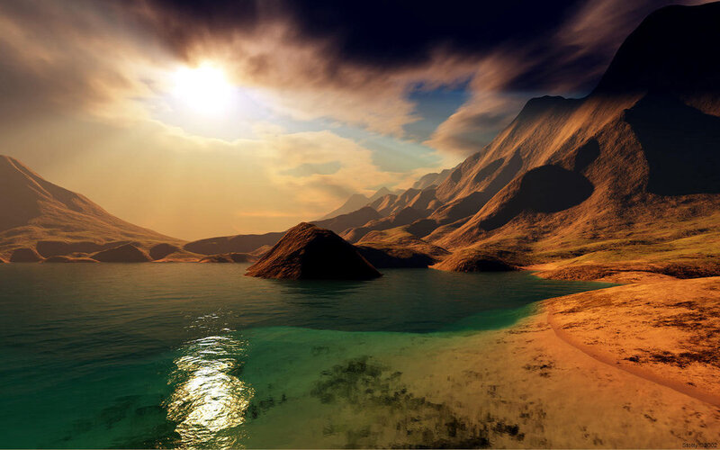 Mountain Lake Landscape — Brown, Dramatic, Sunset, Digital Art, Mountains, Sun, Clouds
