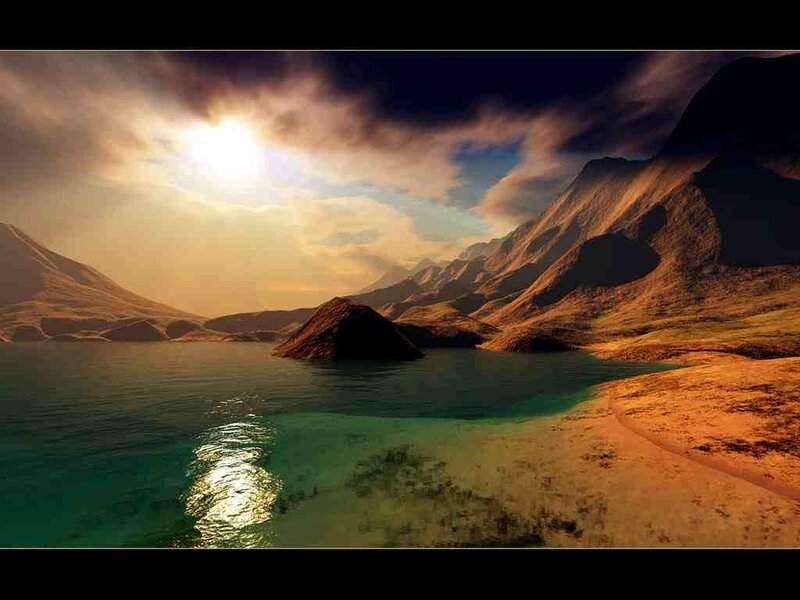 Mountain Lake Landscape — Brown, Dramatic, Sunset, Digital Art, Mountains, Sun, Green