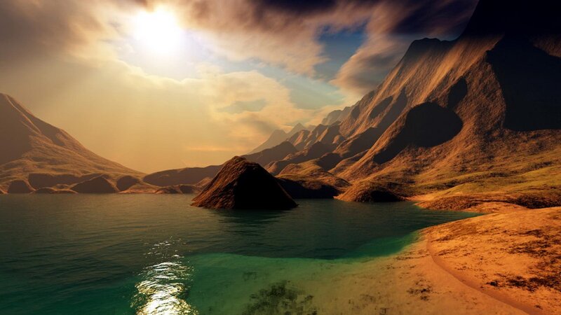 Mountain Lake Landscape — Brown, Dramatic, Sunset, Digital Art, Mountains