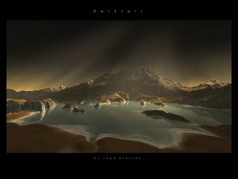Mountain Lake Landscape — Brown, Dramatic, Sunset, Digital Art