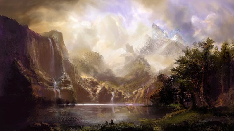Mountain Lake Landscape — Brown, Dramatic, Sunset, Painting