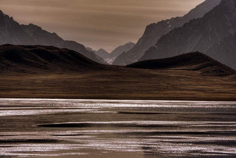 Mountain Lake Landscape — Brown, Dramatic, Sunset, Photograph, Mountains