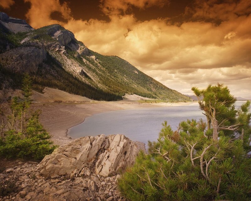 Mountain Lake Landscape — Brown, Dramatic, Sunset, Photograph