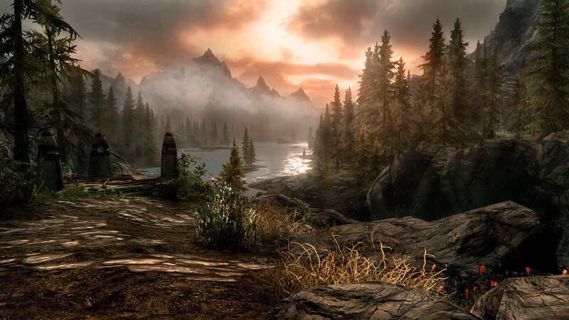 Mountain Lake Landscape — Brown, Serene, Sunset