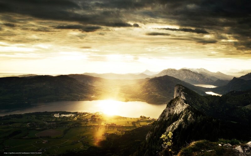 Mountain Lake Landscape — Gold, Dramatic, Sunset