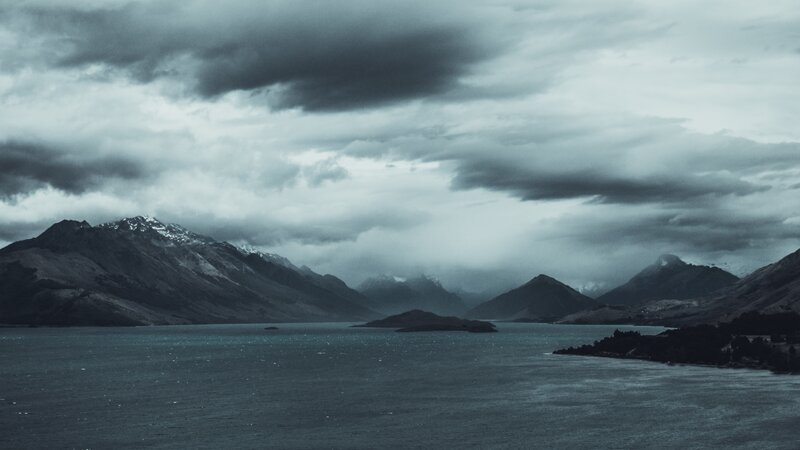 Mountain Lake Landscape — Gray, Dramatic, Photograph, Mountains, Clouds
