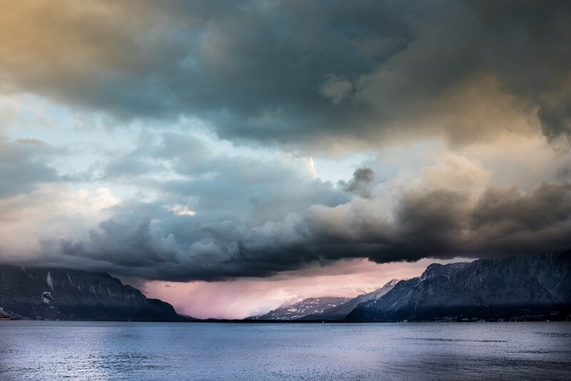 Mountain Lake Landscape — Gray, Dramatic, Sunset