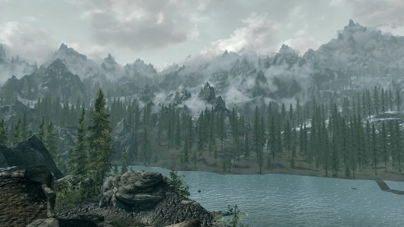 Mountain Lake Landscape — Gray, Misty, Serene