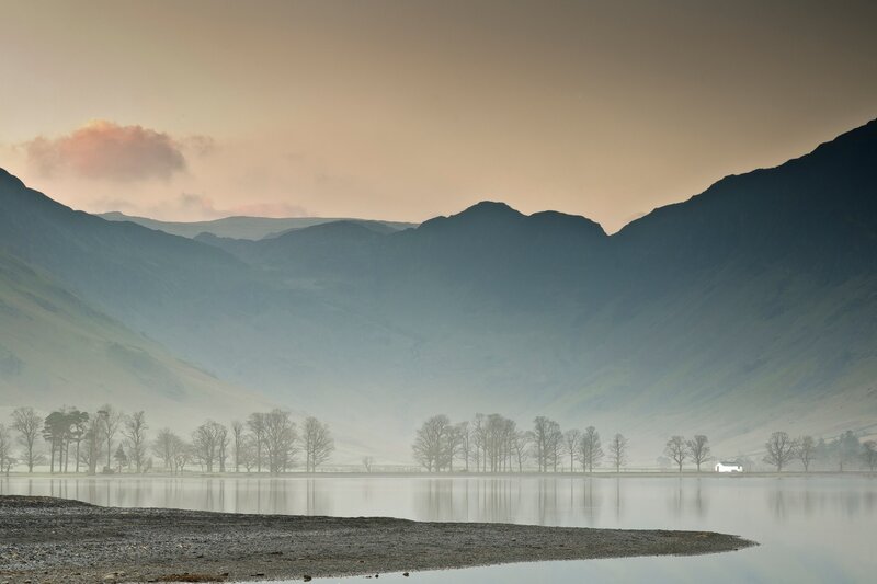 Mountain Lake Landscape — Gray, Serene, Morning, Photograph, Mountains