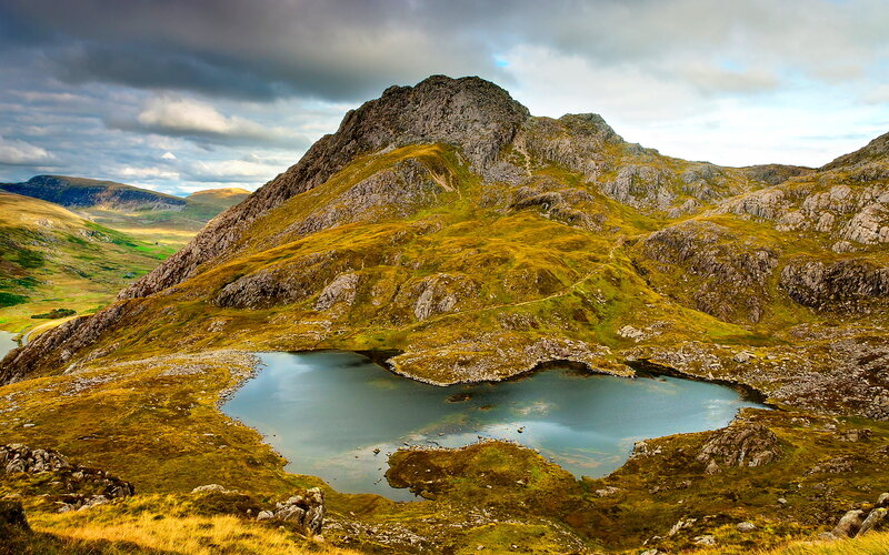 Mountain Lake Landscape — Green, Dramatic, Afternoon, Photograph, Clouds