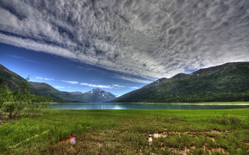 Mountain Lake Landscape — Green, Dramatic, Afternoon, Photograph, Mountains, Clouds, Grass