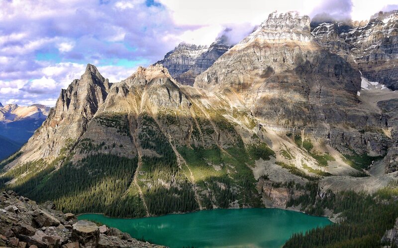 Mountain Lake Landscape — Green, Dramatic, Afternoon, Photograph, Mountains, Forest, Clouds