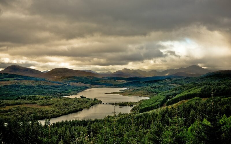 Mountain Lake Landscape — Green, Dramatic, Afternoon, Photograph, Mountains, Forest, River, Clouds