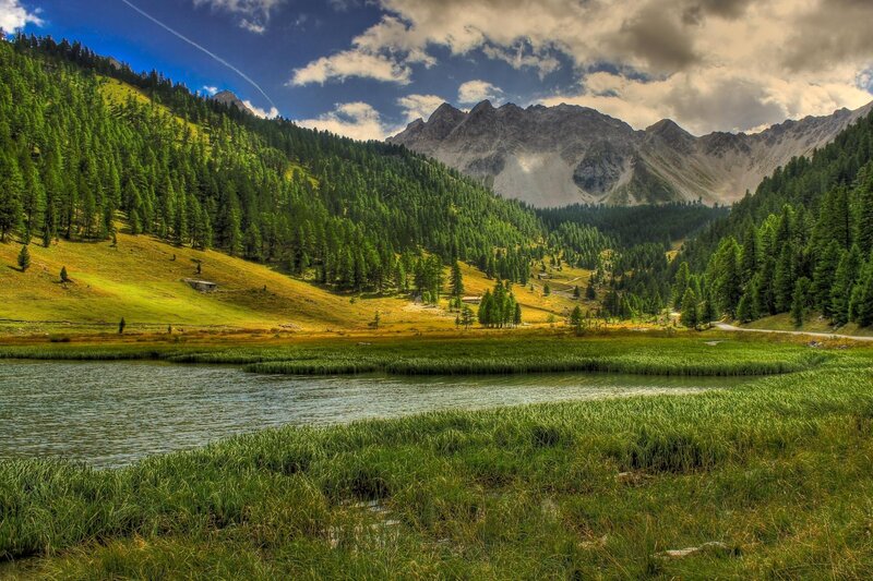 Mountain Lake Landscape — Green, Dramatic, Afternoon, Photograph, Mountains, Forest, Road