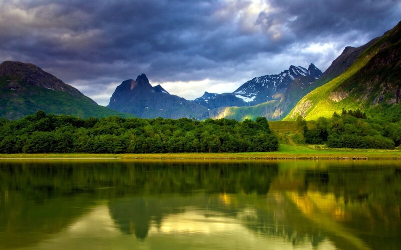 Mountain Lake Landscape — Green, Dramatic, Afternoon, Photograph, Mountains, Forest, Sky, Blue