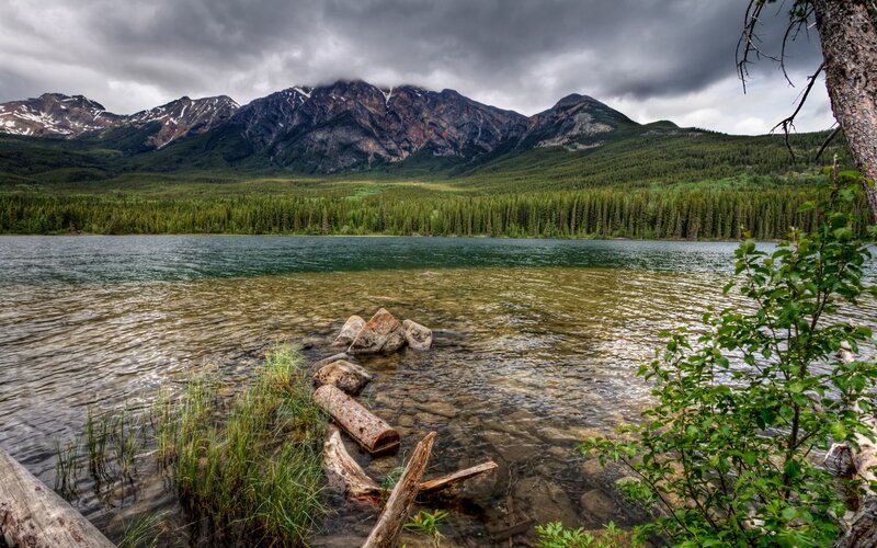 Mountain Lake Landscape — Green, Dramatic, Afternoon, Photograph, Mountains, Forest, Trees, Blue