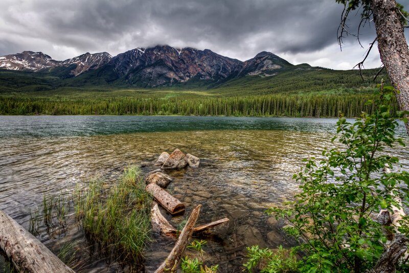 Mountain Lake Landscape — Green, Dramatic, Afternoon, Photograph, Mountains, Forest, Trees, Rocks, Blue