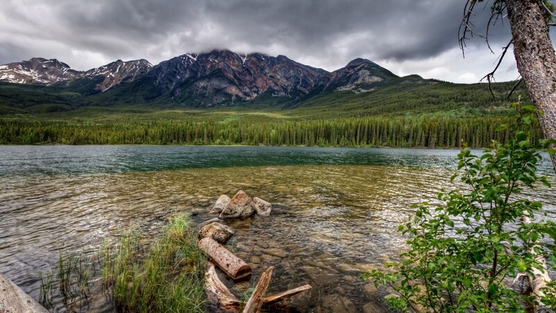 Mountain Lake Landscape — Green, Dramatic, Afternoon, Photograph, Mountains, Forest, Trees, Rocks