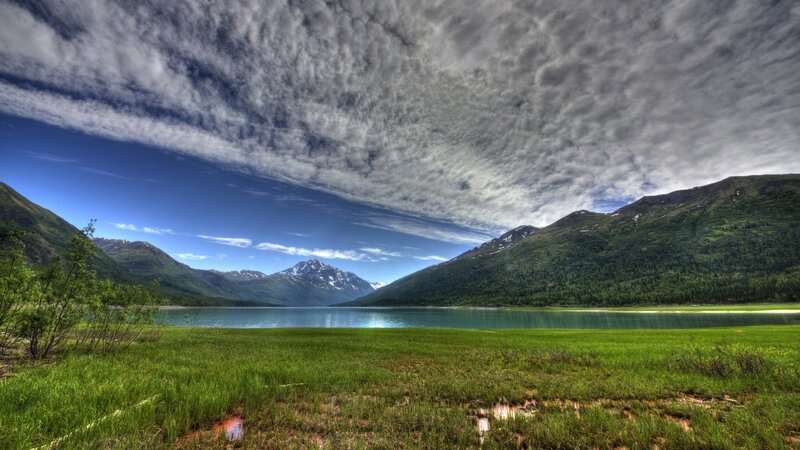 Mountain Lake Landscape — Green, Dramatic, Afternoon, Photograph, Mountains, Grass, Clouds