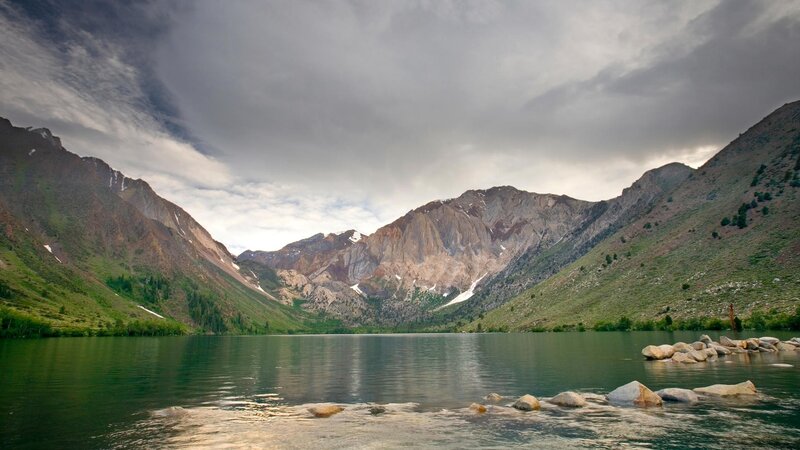 Mountain Lake Landscape — Green, Dramatic, Afternoon, Photograph, Mountains, Rocks, Clouds, Blue, Gray