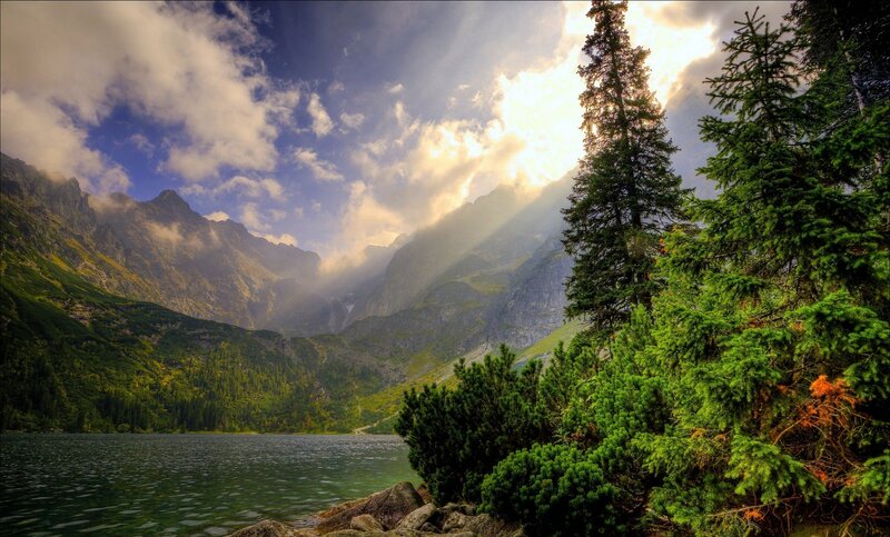 Mountain Lake Landscape — Green, Dramatic, Afternoon, Photograph, Mountains, Trees, Clouds