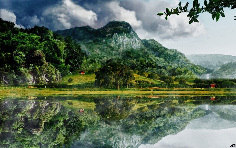 Mountain Lake Landscape — Green, Dramatic, Afternoon, Photograph, Mountains, Trees, Reflection