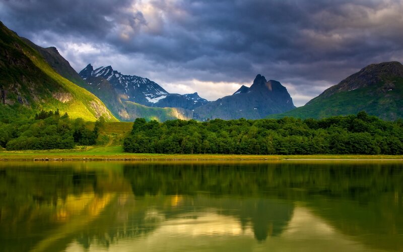 Mountain Lake Landscape — Green, Dramatic, Afternoon, Photograph, Mountains, Trees, Sky, Blue